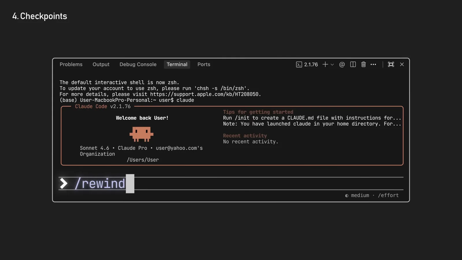 Claude Code /rewind command typed in the terminal to open the checkpoint list of the current session