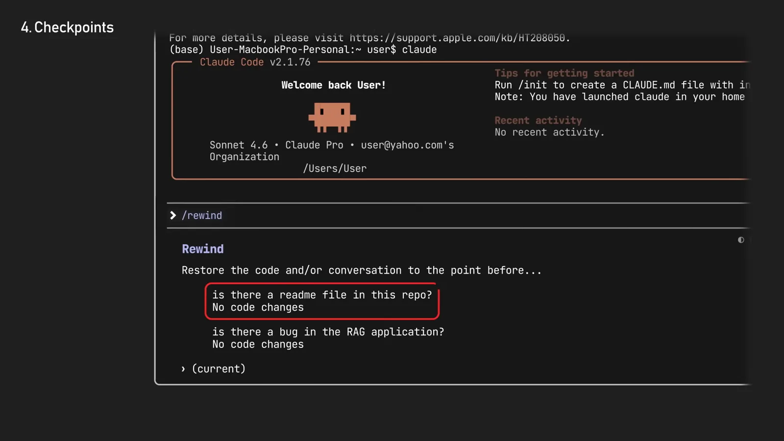 Claude Code rewind restore menu offering to restore the code and conversation to the point before an earlier prompt