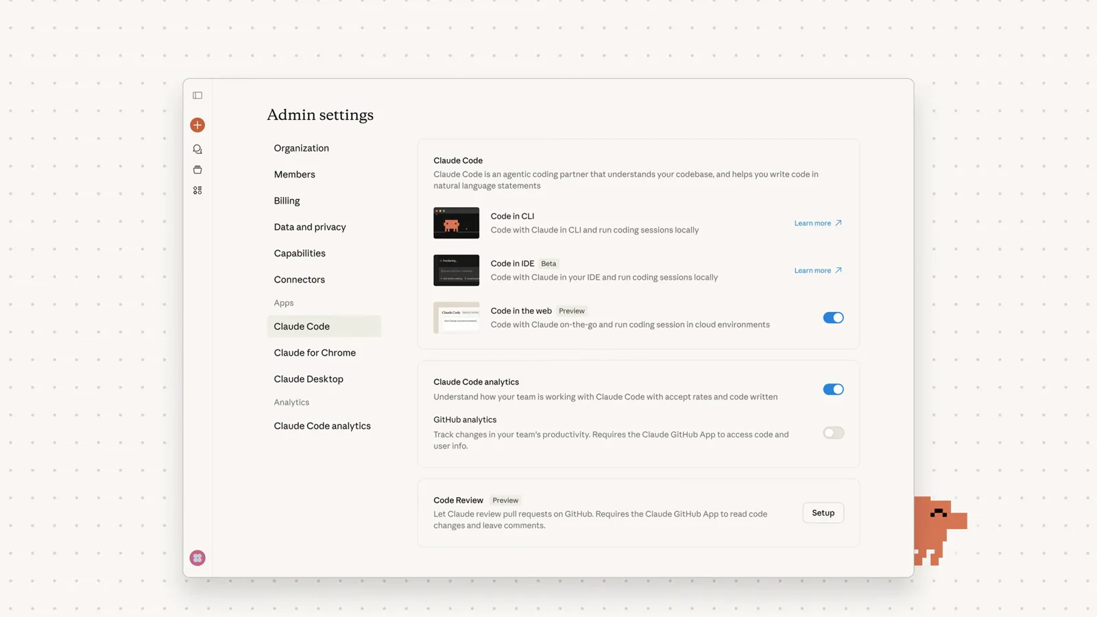 Claude admin settings page showing the Code Review preview row that requires the Claude GitHub App to be installed on the organization Claude admin settings page showing the Code Review preview row that requires the Claude GitHub App to be installed on the organization