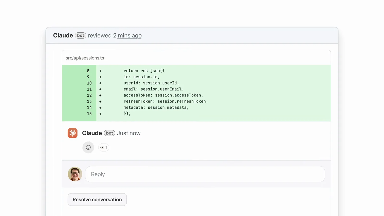 Claude bot comment posted under a src/api/sessions.ts diff after reviewing the pull request two minutes earlier, with a Resolve conversation button Claude bot comment posted under a src/api/sessions.ts diff after reviewing the pull request two minutes earlier, with a Resolve conversation button