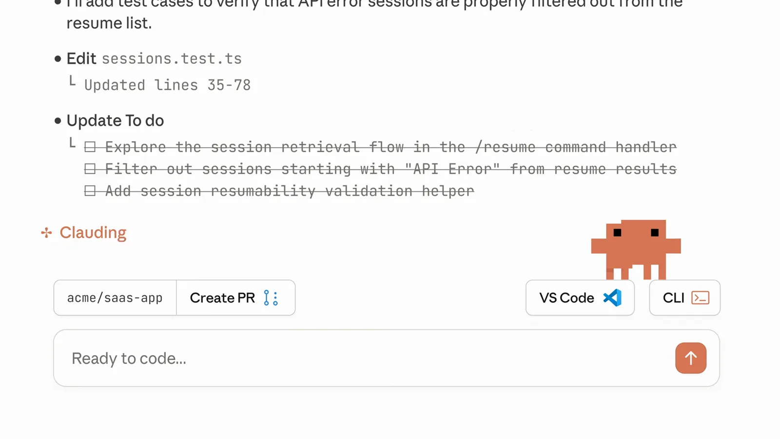Claude Code todo list striking out finished fix tasks after editing sessions.test.ts while the session status reads Claudeing Claude Code todo list striking out finished fix tasks after editing sessions.test.ts while the session status reads Claudeing