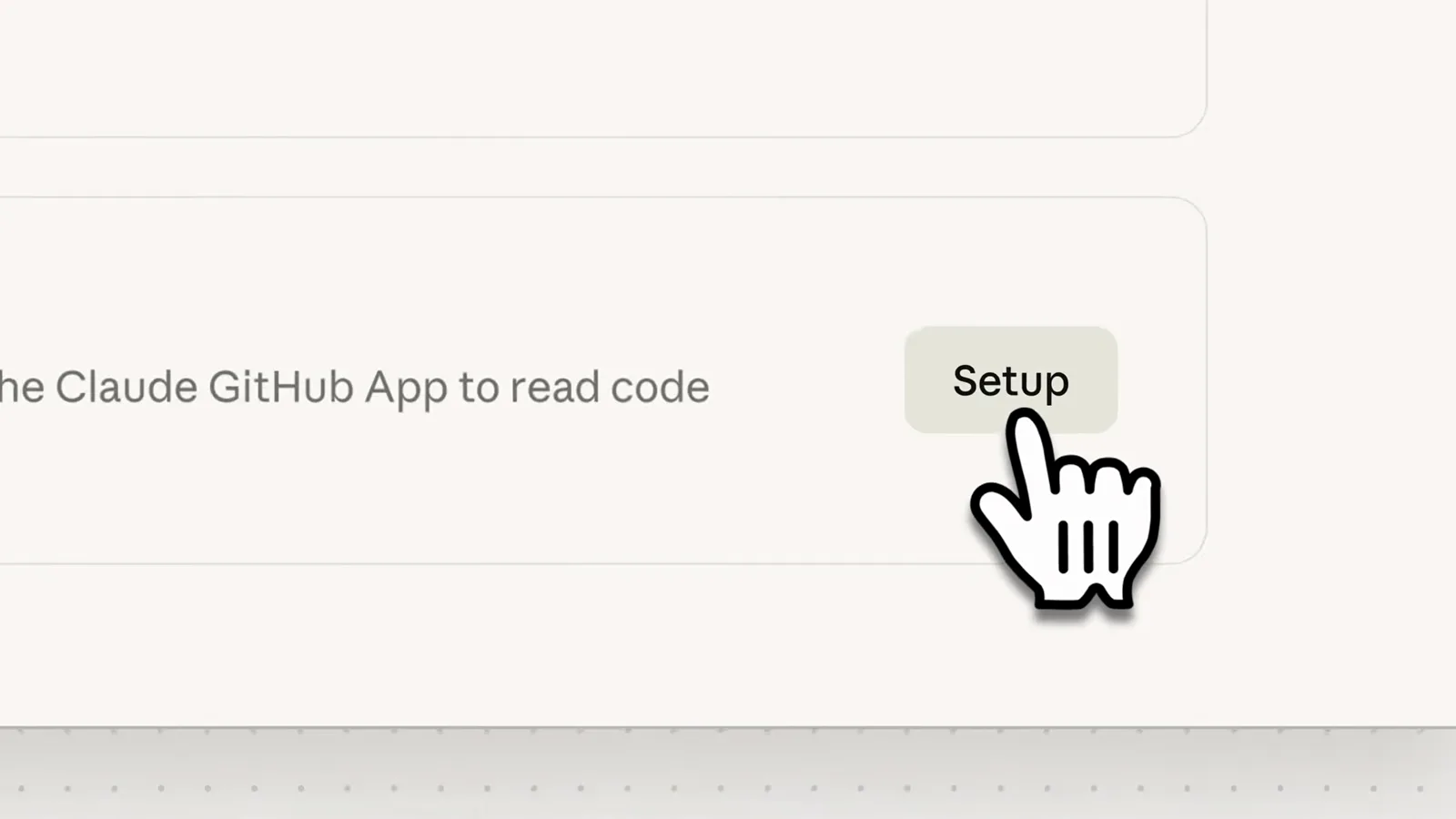 Claude GitHub App permission card with a hand cursor clicking the Setup button that lets Claude read code and review pull requests Claude GitHub App permission card with a hand cursor clicking the Setup button that lets Claude read code and review pull requests