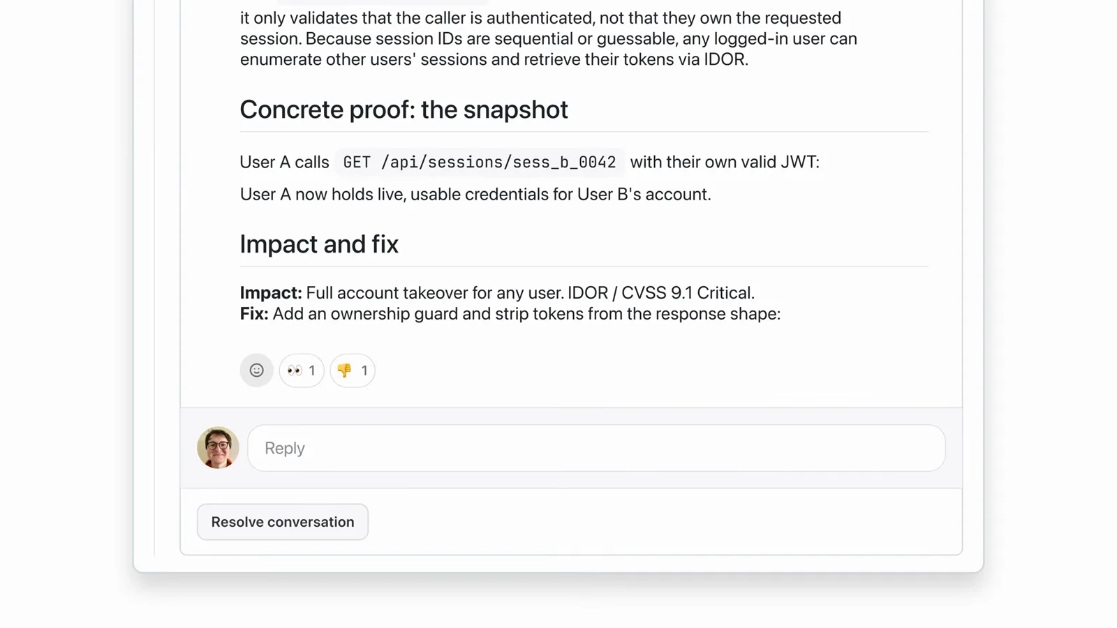 Claude bot review finding on a GitHub pull request listing Concrete proof, Impact and fix for an IDOR bug rated CVSS 9.1 Critical Claude bot review finding on a GitHub pull request listing Concrete proof, Impact and fix for an IDOR bug rated CVSS 9.1 Critical