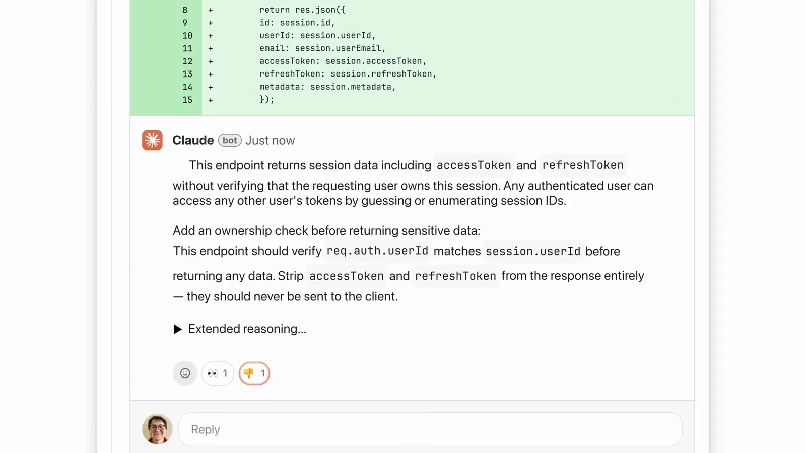 Claude bot review thread on a pull request with an Extended reasoning section, a thumbs up reaction and a Reply box under the code change Claude bot review thread on a pull request with an Extended reasoning section, a thumbs up reaction and a Reply box under the code change
