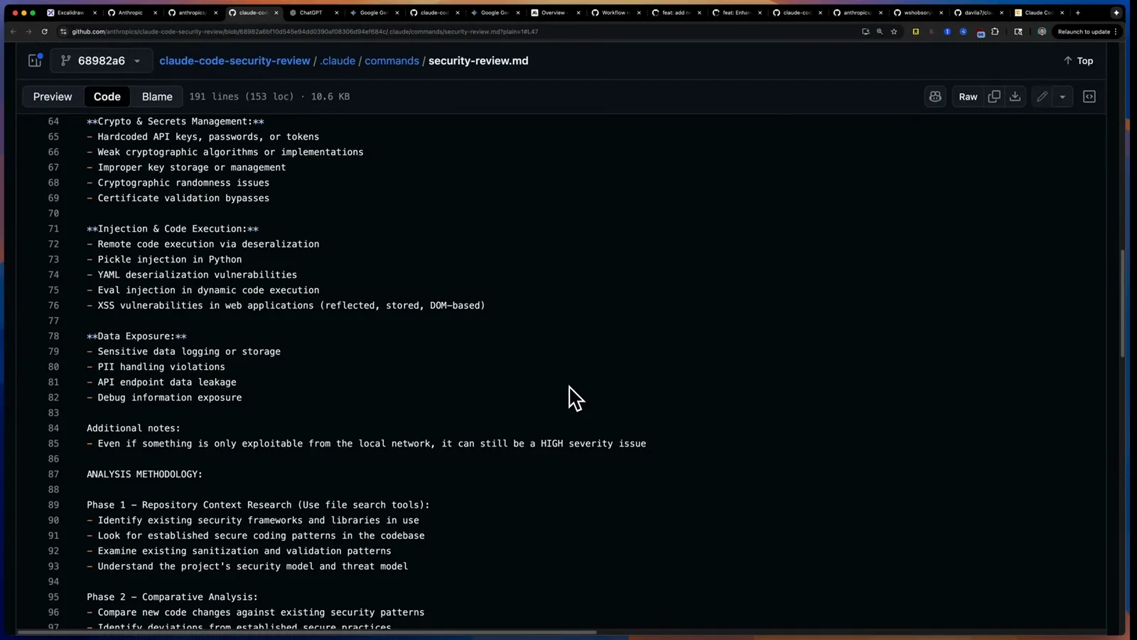 security-review.md prompt open in the anthropics/claude-code-security-review repository defining severity rules from hardcoded API keys to injection checks security-review.md prompt open in the anthropics/claude-code-security-review repository defining severity rules from hardcoded API keys to injection checks