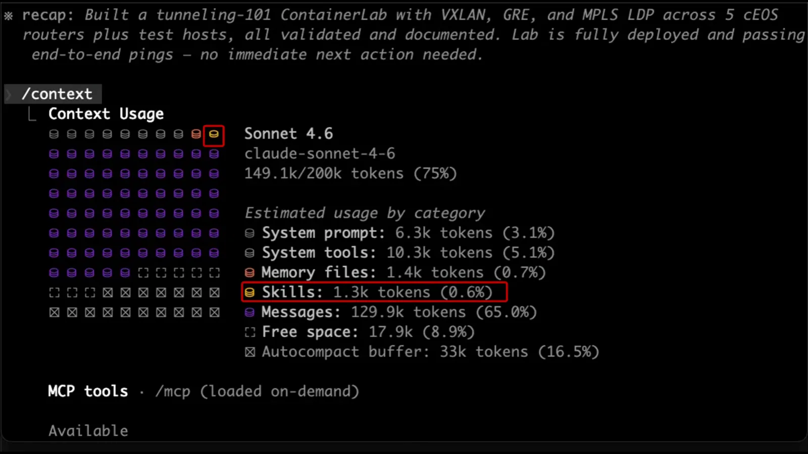 Claude Code /context usage output showing Sonnet 4.6 at 149.1k of 200k tokens with Messages at 65 percent and the reserved Autocompact buffer of 33k tokens at 16.5 percent
