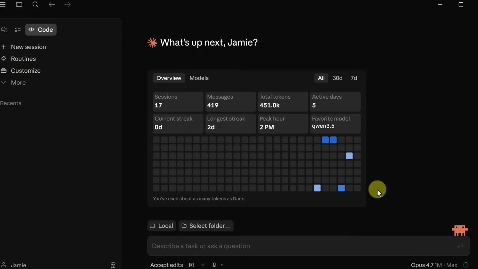 Claude Code desktop dashboard greeting What's up next with session counts, message totals, token usage, streaks and a favorite-model stat
