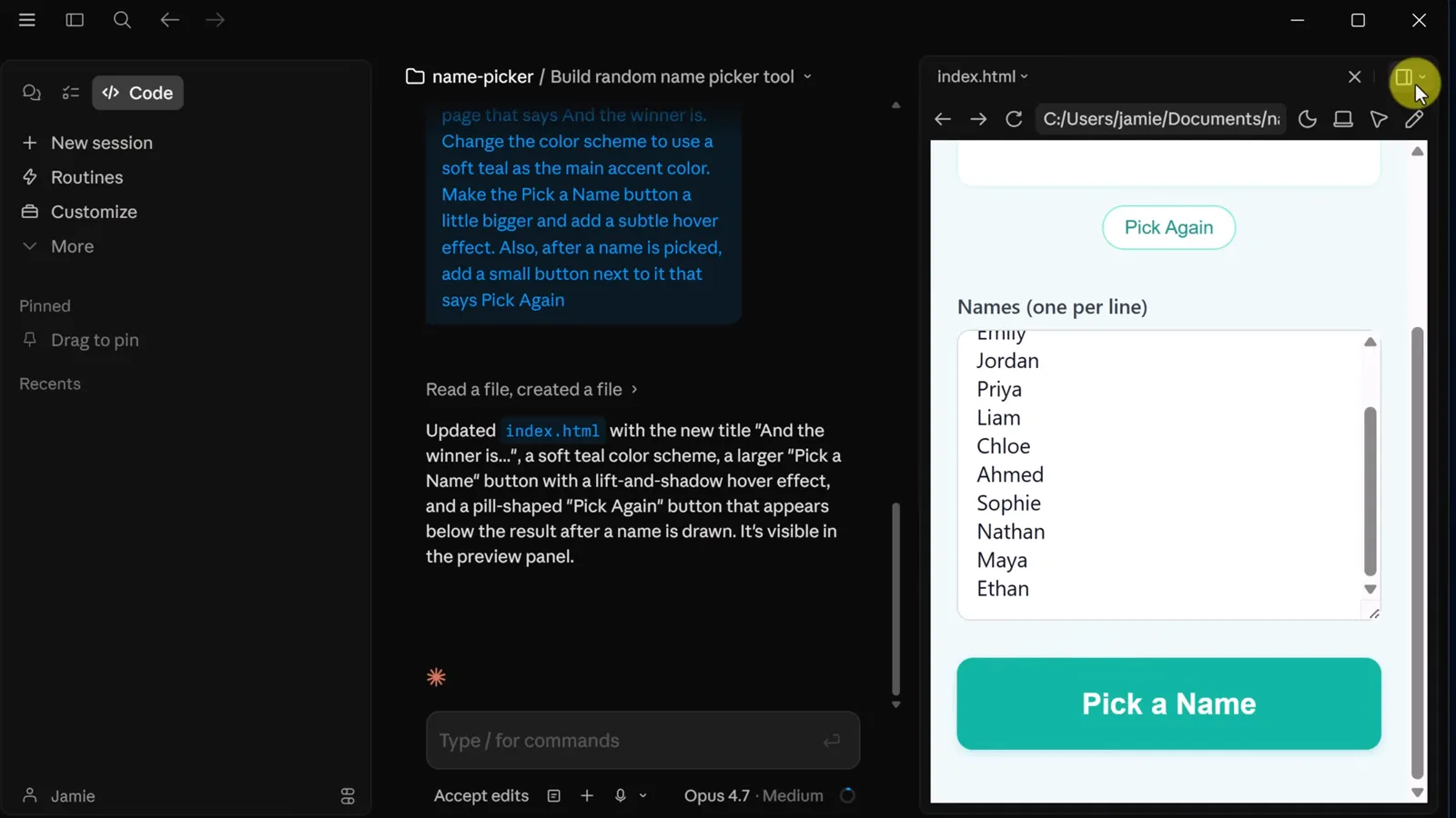 Finished name picker in the Claude Code desktop preview panel with the And the winner is heading, teal accents and a pill-shaped Pick Again button