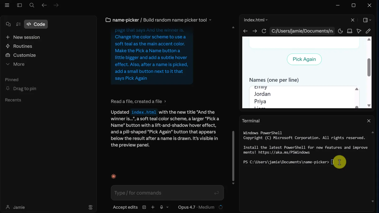 Integrated Terminal panel open inside the Claude Code desktop app showing a Windows PowerShell prompt in the name-picker project folder
