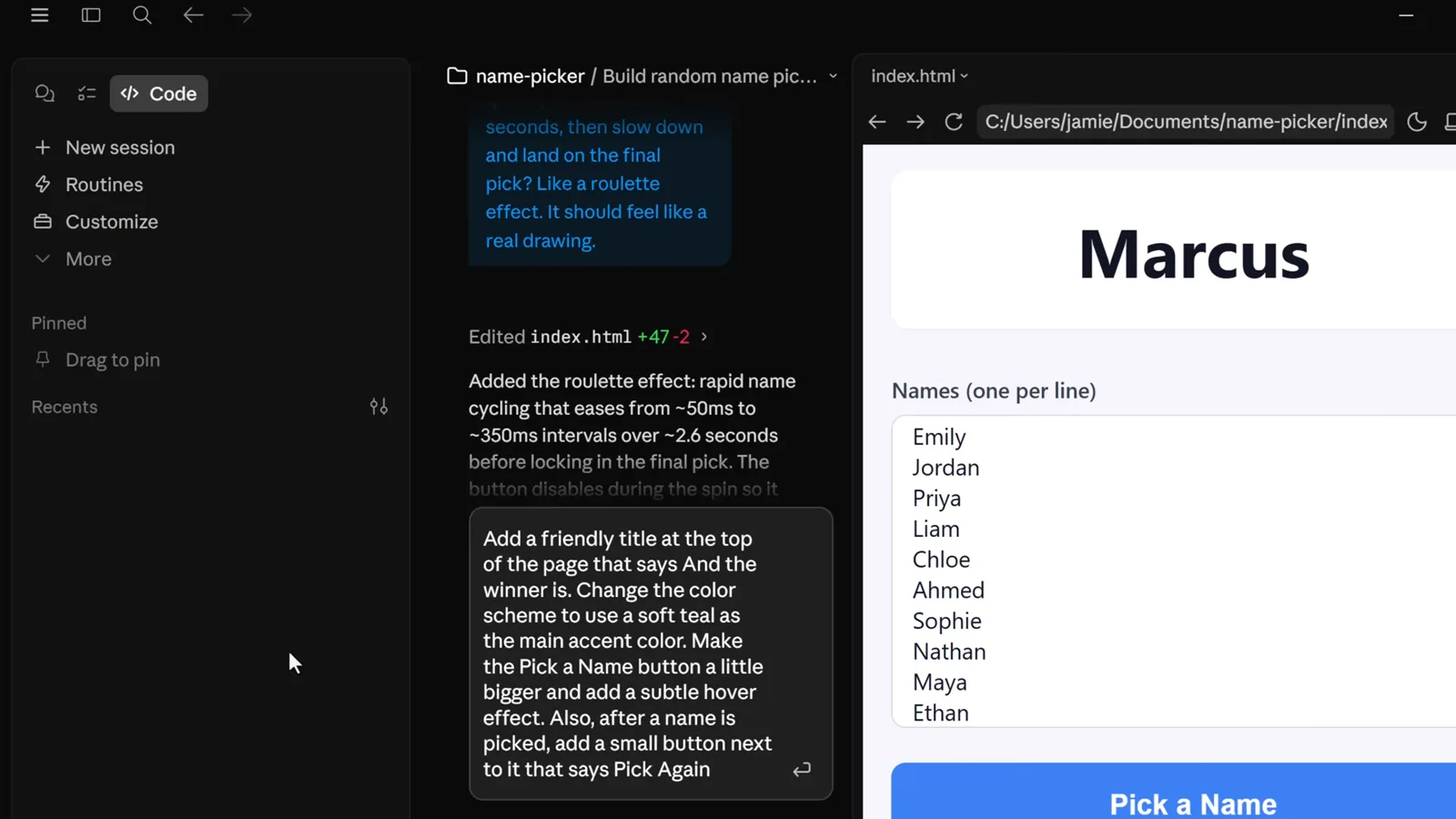 Claude Code desktop live preview rendering the first name picker version with a large winner name, a names textarea and a blue Pick a Name button