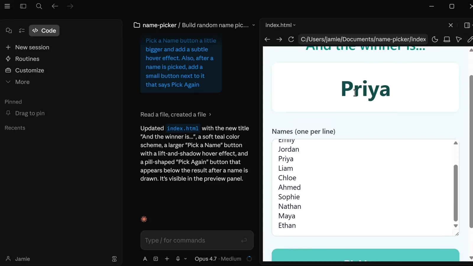 Claude Code desktop preview mid-animation as the roulette-style name picker cycles through candidate names before landing on a final pick