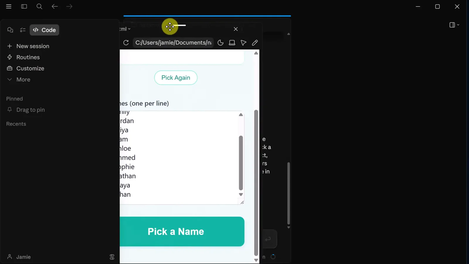 Claude Code desktop select-element tool highlighted in the preview toolbar for pointing Claude at an exact UI component