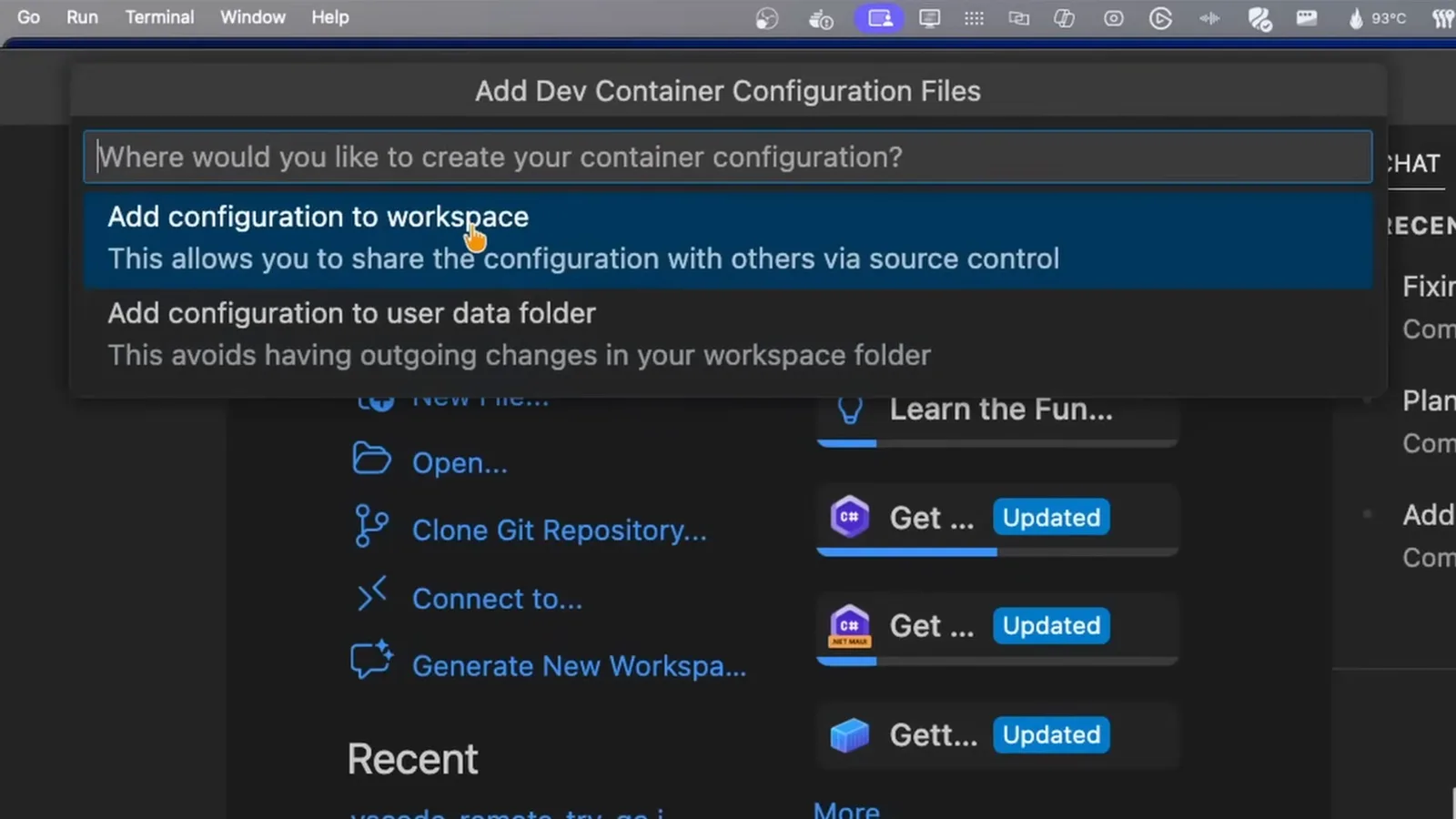 Add Dev Container Configuration Files quick pick asking where to create the configuration with Add configuration to workspace folder selected so teammates get it via source control