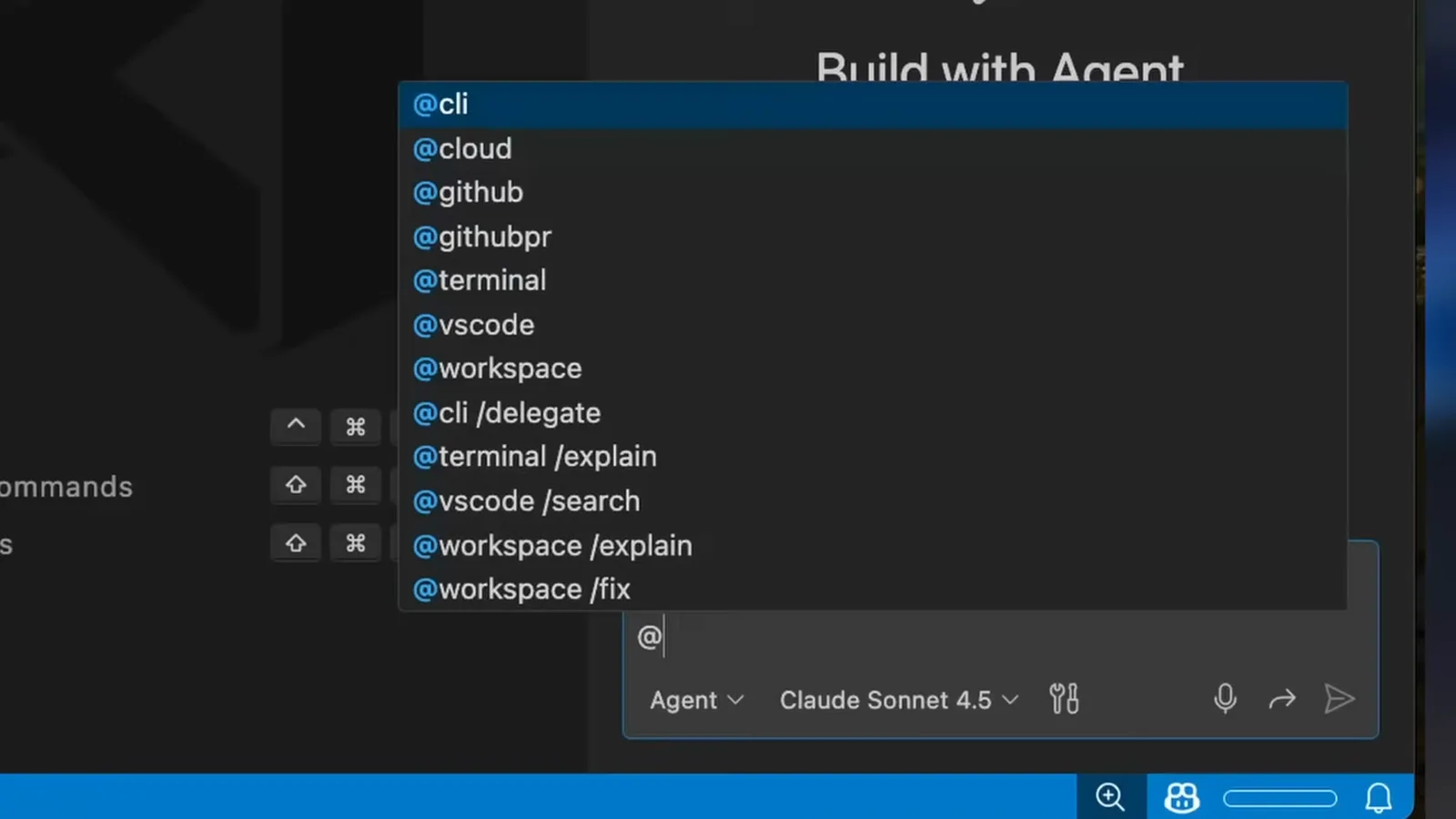 VS Code agent panel with the @ context picker open listing @workspace as an attachment and Claude Sonnet 4.5 selected as the model before explaining the project inside the dev container