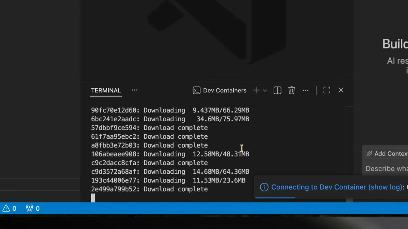 VS Code terminal panel streaming dev container image layer downloads with a Connecting to Dev Container status while the sample repository is cloned