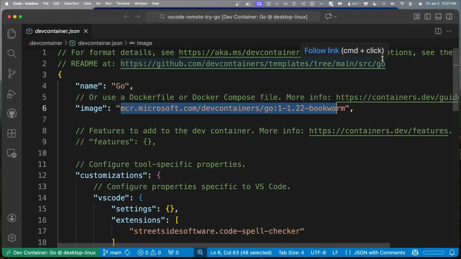 devcontainer.json of the Go sample showing the mcr.microsoft.com/devcontainers/go image plus customizations with VS Code settings and the code-spell-checker extension