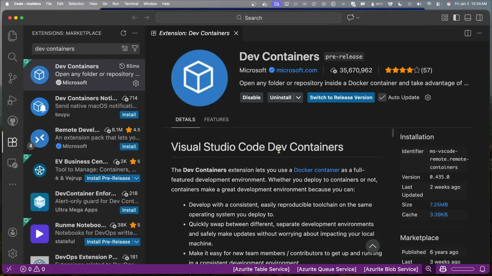 VS Code Extensions marketplace page for the Microsoft Dev Containers extension with its Install button and 30 million installs, the extension that opens any repo in a container for Claude Code