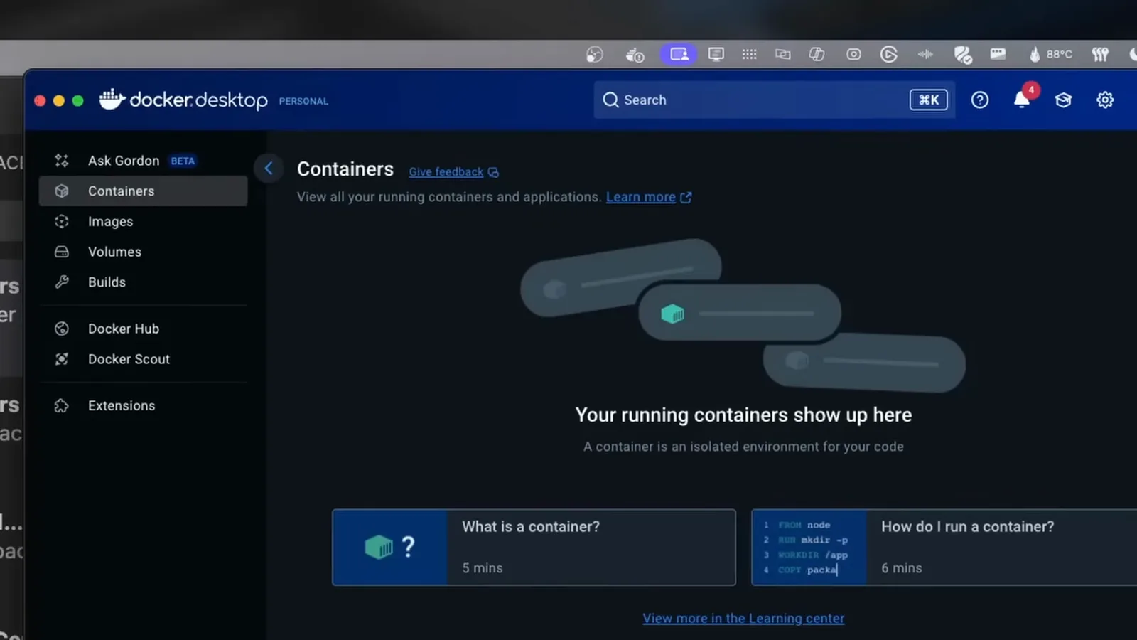 Docker Desktop dashboard with Containers selected in the sidebar and an empty Your running containers show up here list, confirming the Docker engine that dev containers run on is started