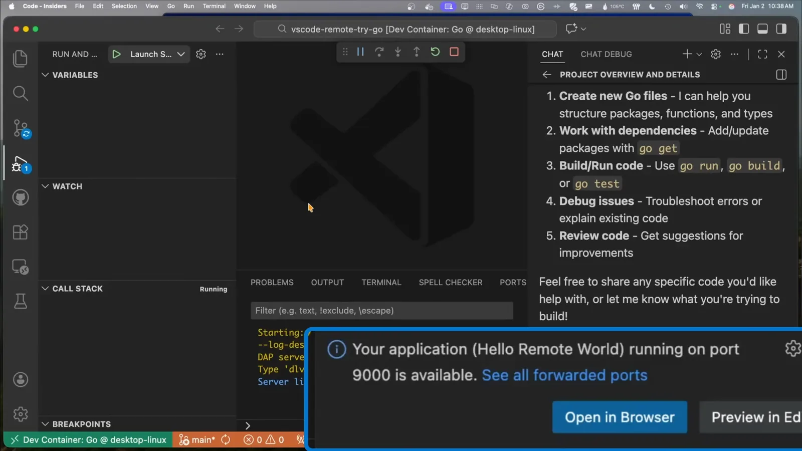 VS Code notification reporting Your application Hello Remote World running on port 9000 is available with Open in Browser and Preview in Editor buttons after automatic port forwarding