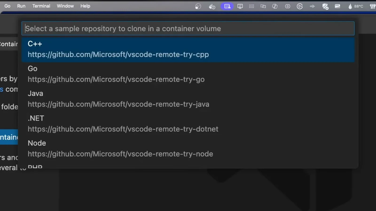 VS Code quick pick titled Select a sample repository to clone in a container volume listing C++, Go, Java, .NET and Node samples from github.com/microsoft