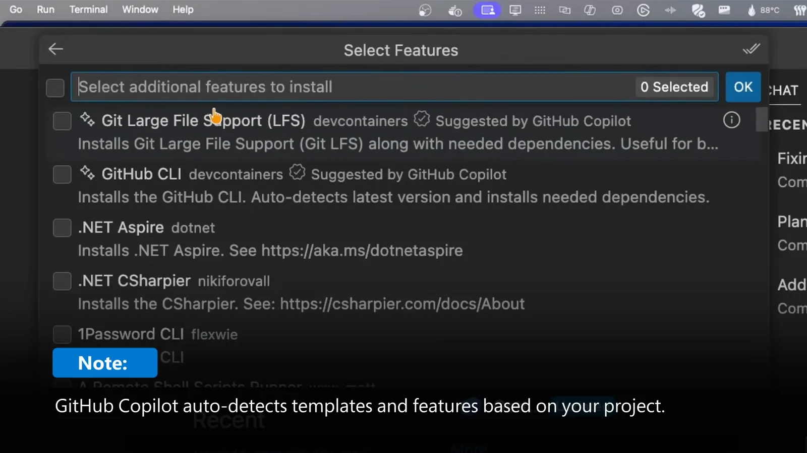 Select Features quick pick listing installable dev container features such as Git Large File Support and GitHub CLI where a Claude Code feature entry gets added