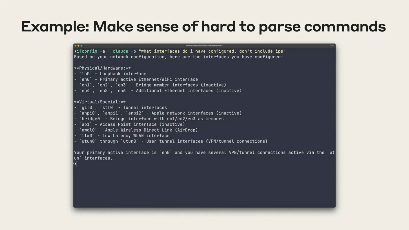 Claude Code headless mode explaining the output of ifconfig after piping the command result into claude -p Claude Code headless mode explaining the output of ifconfig after piping the command result into claude -p