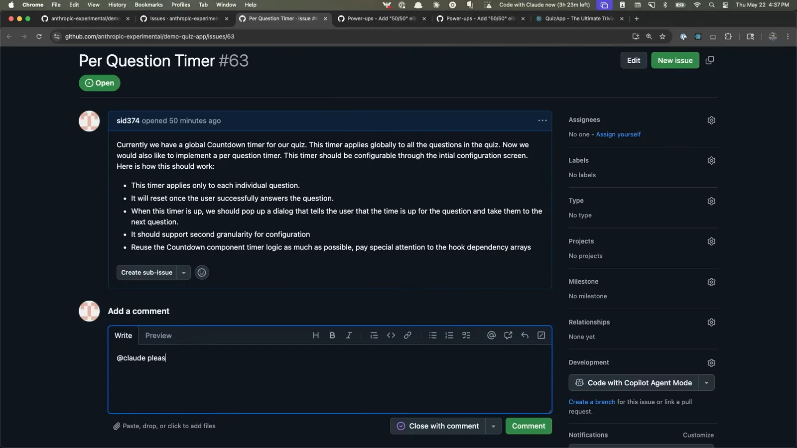 GitHub issue where tagging at-claude produced a scoped implementation plan comment for a per question timer feature GitHub issue where tagging at-claude produced a scoped implementation plan comment for a per question timer feature