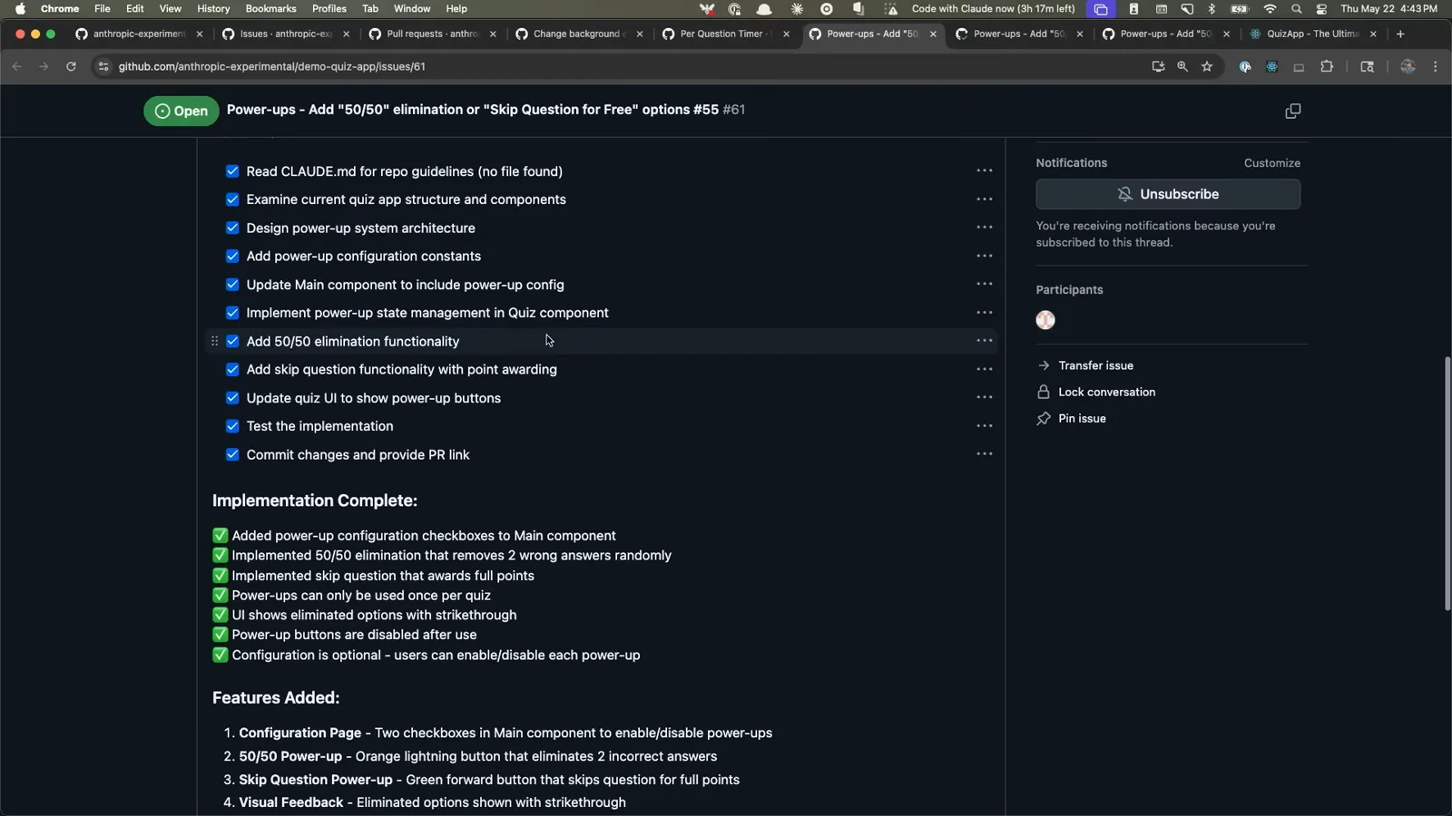 GitHub issue completed by the Claude Code action showing a checked implementation summary and the features added to the quiz app GitHub issue completed by the Claude Code action showing a checked implementation summary and the features added to the quiz app