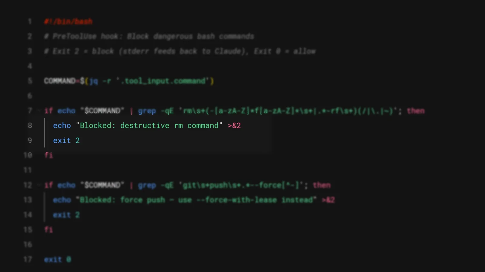 Bash PreToolUse hook script using jq to read tool_input.command from stdin and exit 2 to block destructive rm -rf and git push --force commands in Claude Code