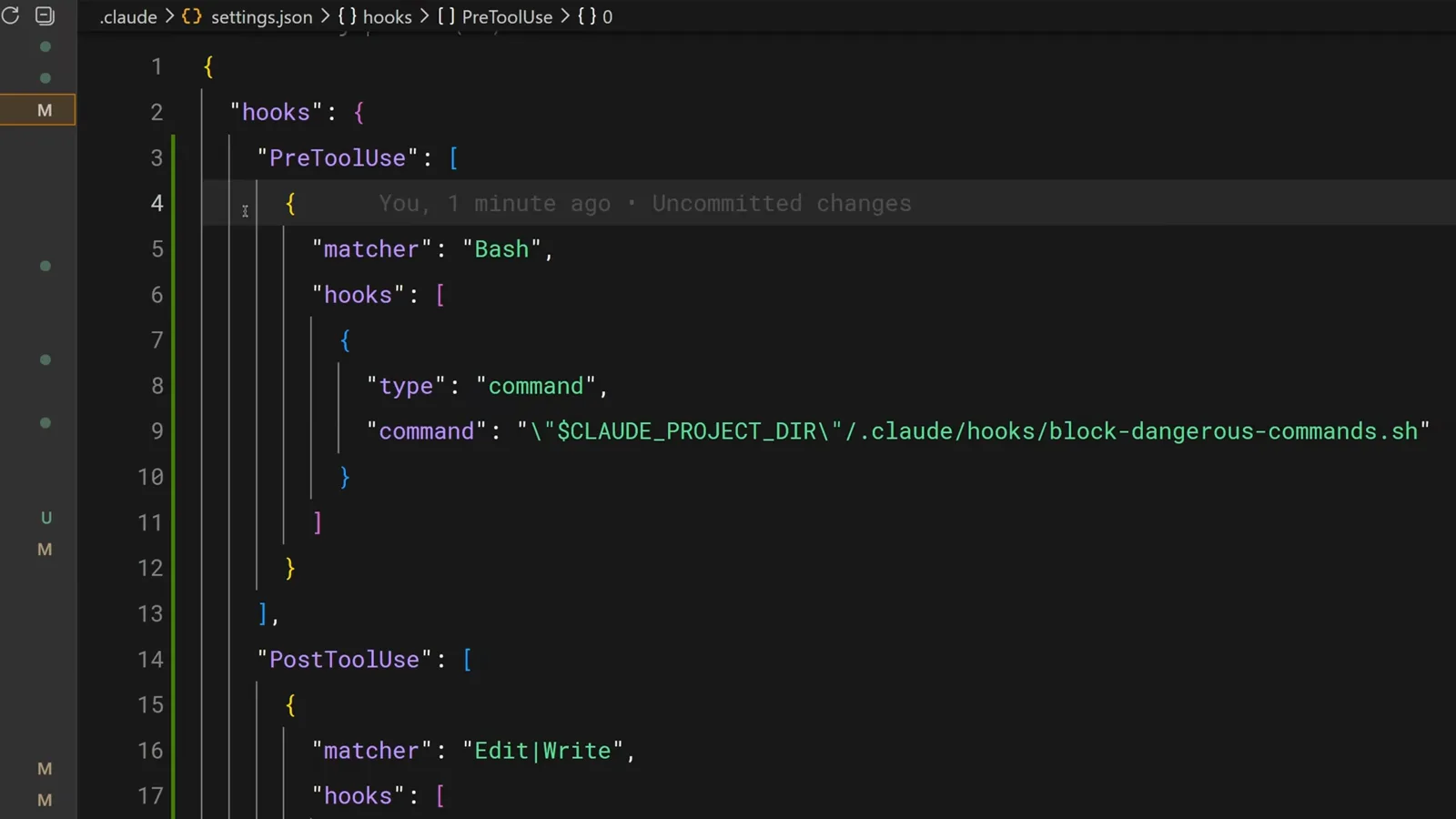 Claude Code settings.json with a PreToolUse hooks array open in VS Code while the matcher field autocompletes Edit for a tool-scoped hook
