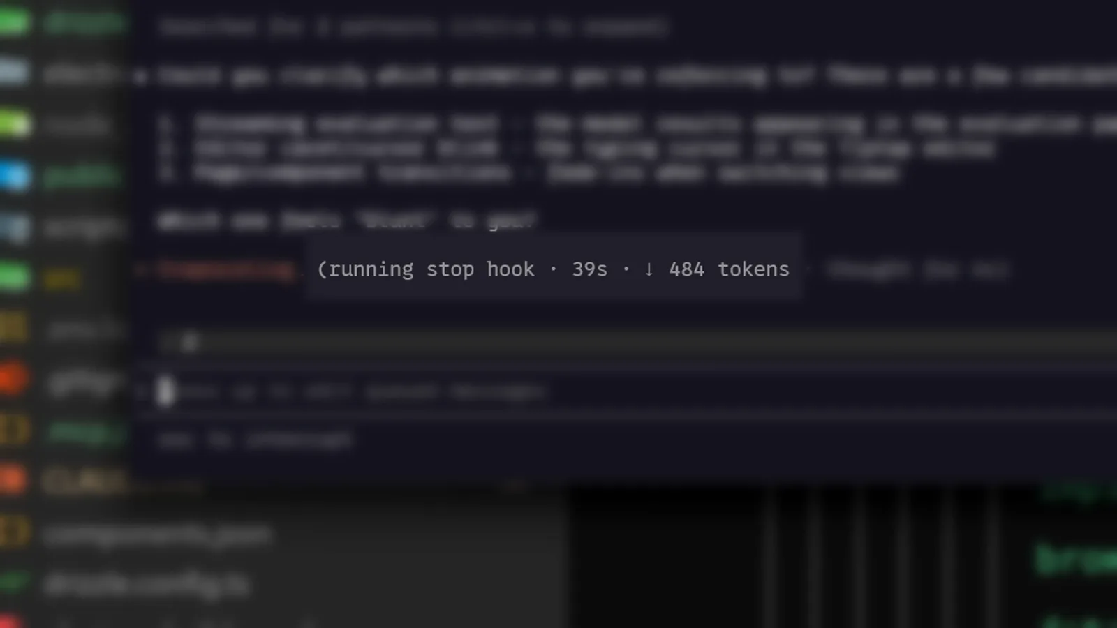 Claude Code terminal showing a running Stop hook at 39 seconds with 484 tokens right after Claude finished composing an answer