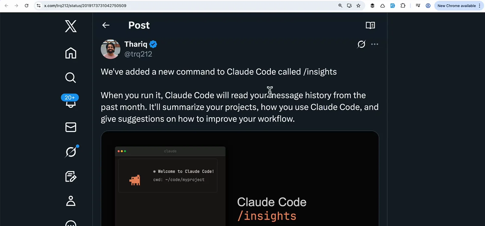 X post from Anthropic's Thariq announcing the Claude Code /insights command that reads your message history from the past month and summarizes your projects and workflow X post from Anthropic's Thariq announcing the Claude Code /insights command that reads your message history from the past month and summarizes your projects and workflow