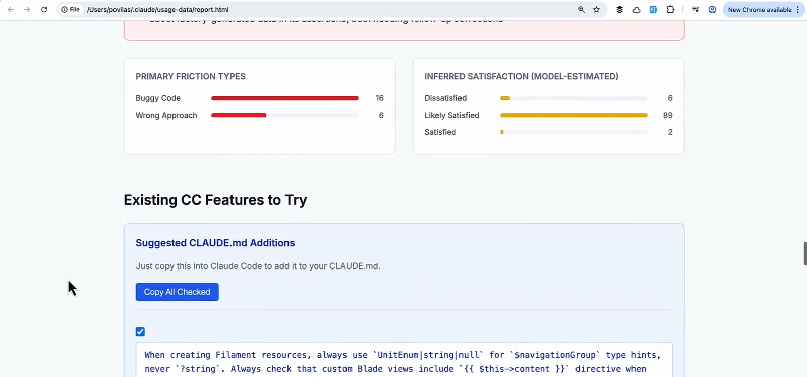 Claude Code insights report charting primary friction types like buggy code with an inferred satisfaction score above the Existing CC Features to Try section Claude Code insights report charting primary friction types like buggy code with an inferred satisfaction score above the Existing CC Features to Try section