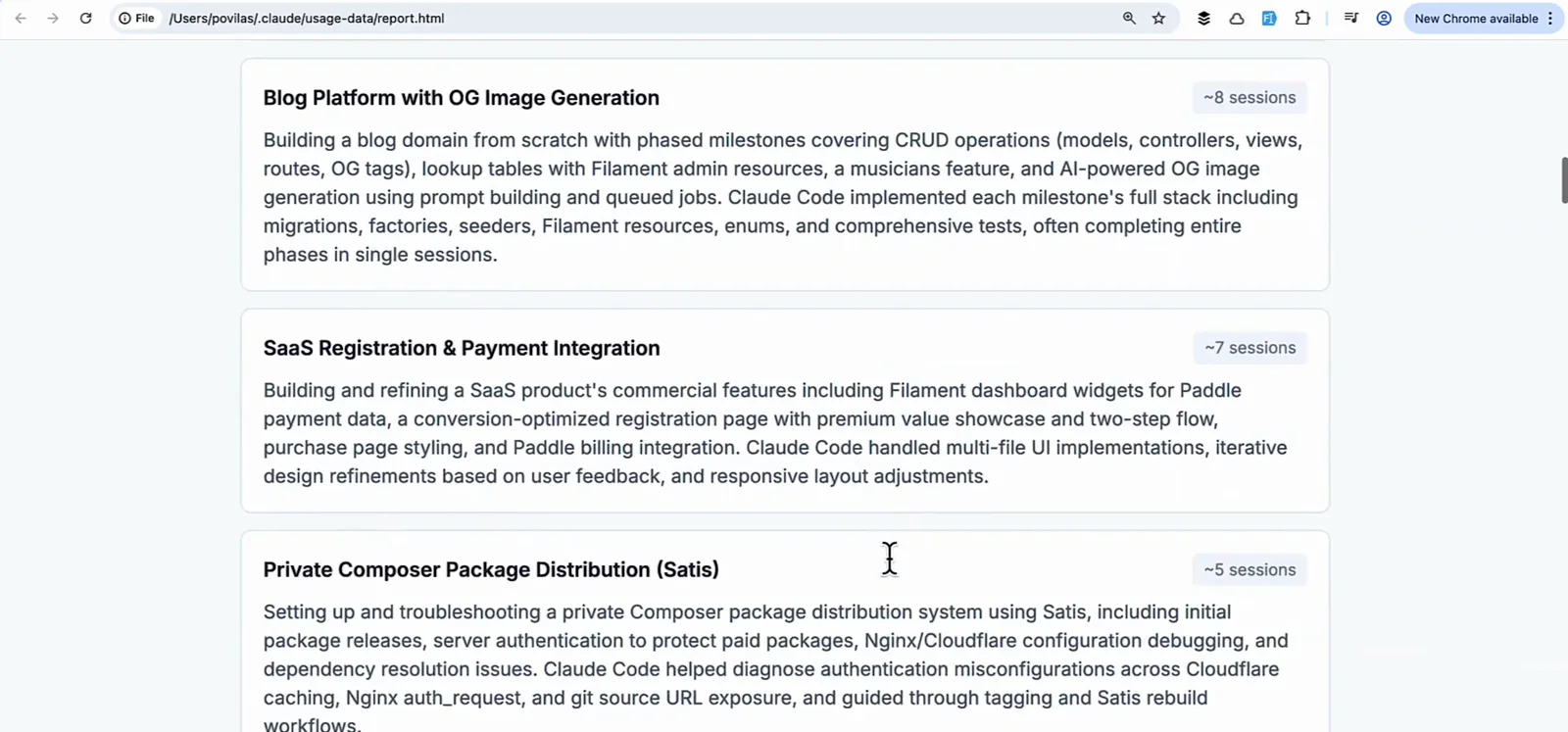 What You Work On cards in a Claude Code insights report describing a blog platform with OG image generation, SaaS registration and payment integration, and a private Composer package setup with session counts What You Work On cards in a Claude Code insights report describing a blog platform with OG image generation, SaaS registration and payment integration, and a private Composer package setup with session counts