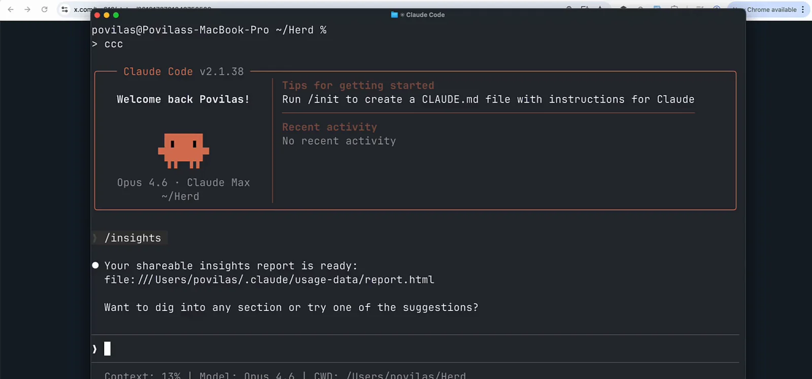 Claude Code v2.1.38 terminal printing Your shareable insights report is ready with the file:///Users/povilas/.claude/usage-data/report.html path after /insights finishes Claude Code v2.1.38 terminal printing Your shareable insights report is ready with the file:///Users/povilas/.claude/usage-data/report.html path after /insights finishes