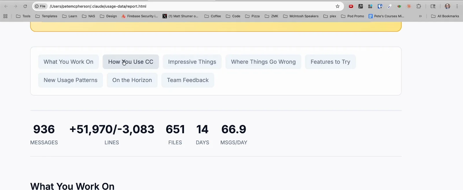 Claude Code insights report header showing 936 messages, +51,970/-3,083 lines, 651 files, 14 days and 66.9 messages per day under eight report section pills Claude Code insights report header showing 936 messages, +51,970/-3,083 lines, 651 files, 14 days and 66.9 messages per day under eight report section pills