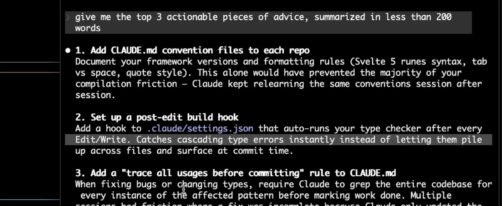 Claude Code answer listing three insights fixes: add CLAUDE.md convention files to each repo, set up a post-edit build hook, and add a trace-all-usages-before-committing rule Claude Code answer listing three insights fixes: add CLAUDE.md convention files to each repo, set up a post-edit build hook, and add a trace-all-usages-before-committing rule
