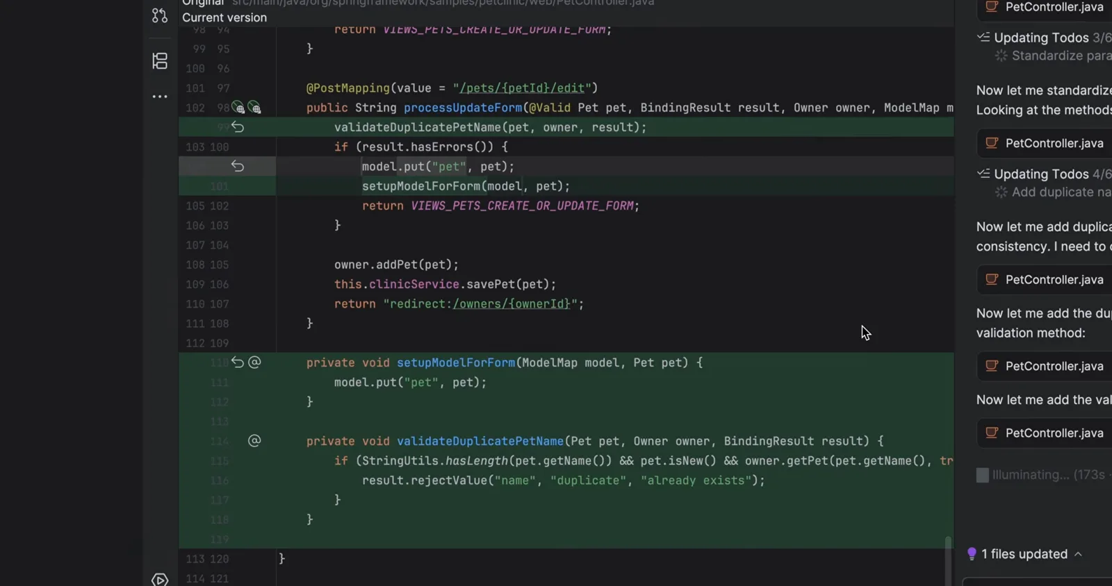 IntelliJ IDEA diff viewer comparing the original and current versions of PetController.java with green and red inline change markers while Claude Agent updates its todo list and reports 1 files updated IntelliJ IDEA diff viewer comparing the original and current versions of PetController.java with green and red inline change markers while Claude Agent updates its todo list and reports 1 files updated