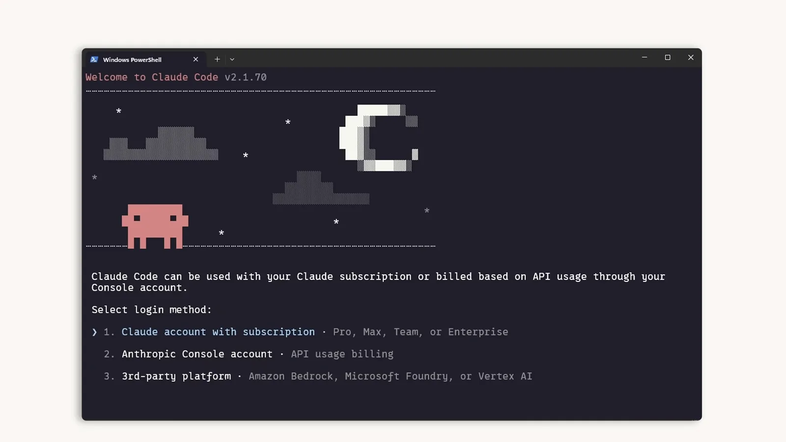 Claude Code first-run login picker in a Windows PowerShell terminal listing 1. Claude account with subscription for Pro, Max, Team or Enterprise, 2. Anthropic Console account with API usage billing and 3. 3rd-party platform for Amazon Bedrock, Microsoft Foundry or Vertex AI Claude Code first-run login picker in a Windows PowerShell terminal listing 1. Claude account with subscription for Pro, Max, Team or Enterprise, 2. Anthropic Console account with API usage billing and 3. 3rd-party platform for Amazon Bedrock, Microsoft Foundry or Vertex AI