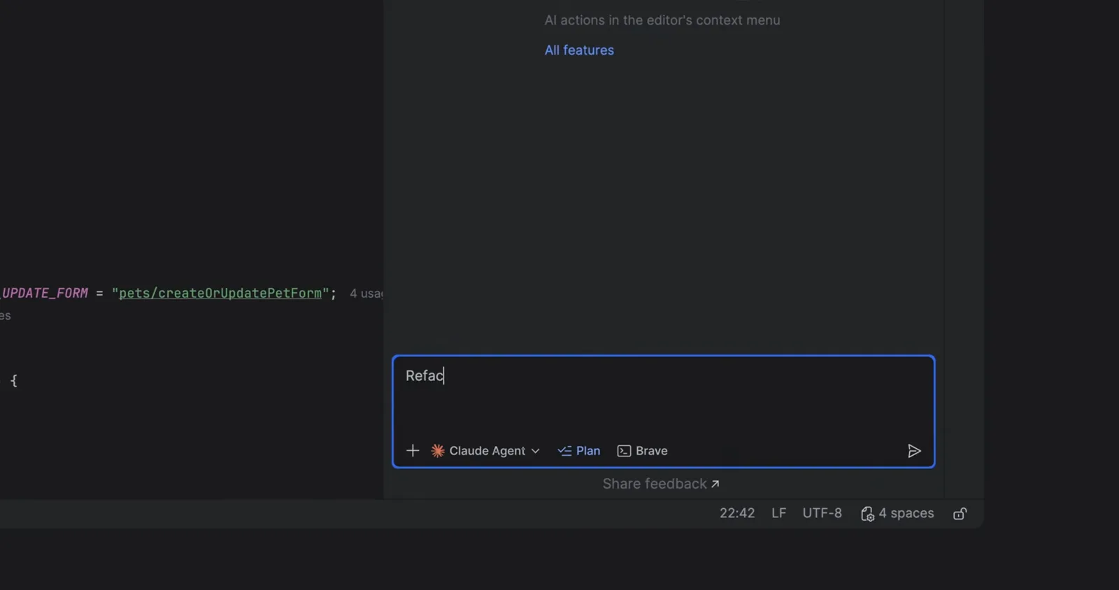 JetBrains AI input box in the editor with a refactor request being typed, showing the Claude Agent selector, the Plan and Build mode toggles and the Claude 4.5 Sonnet model picker in the toolbar row JetBrains AI input box in the editor with a refactor request being typed, showing the Claude Agent selector, the Plan and Build mode toggles and the Claude 4.5 Sonnet model picker in the toolbar row