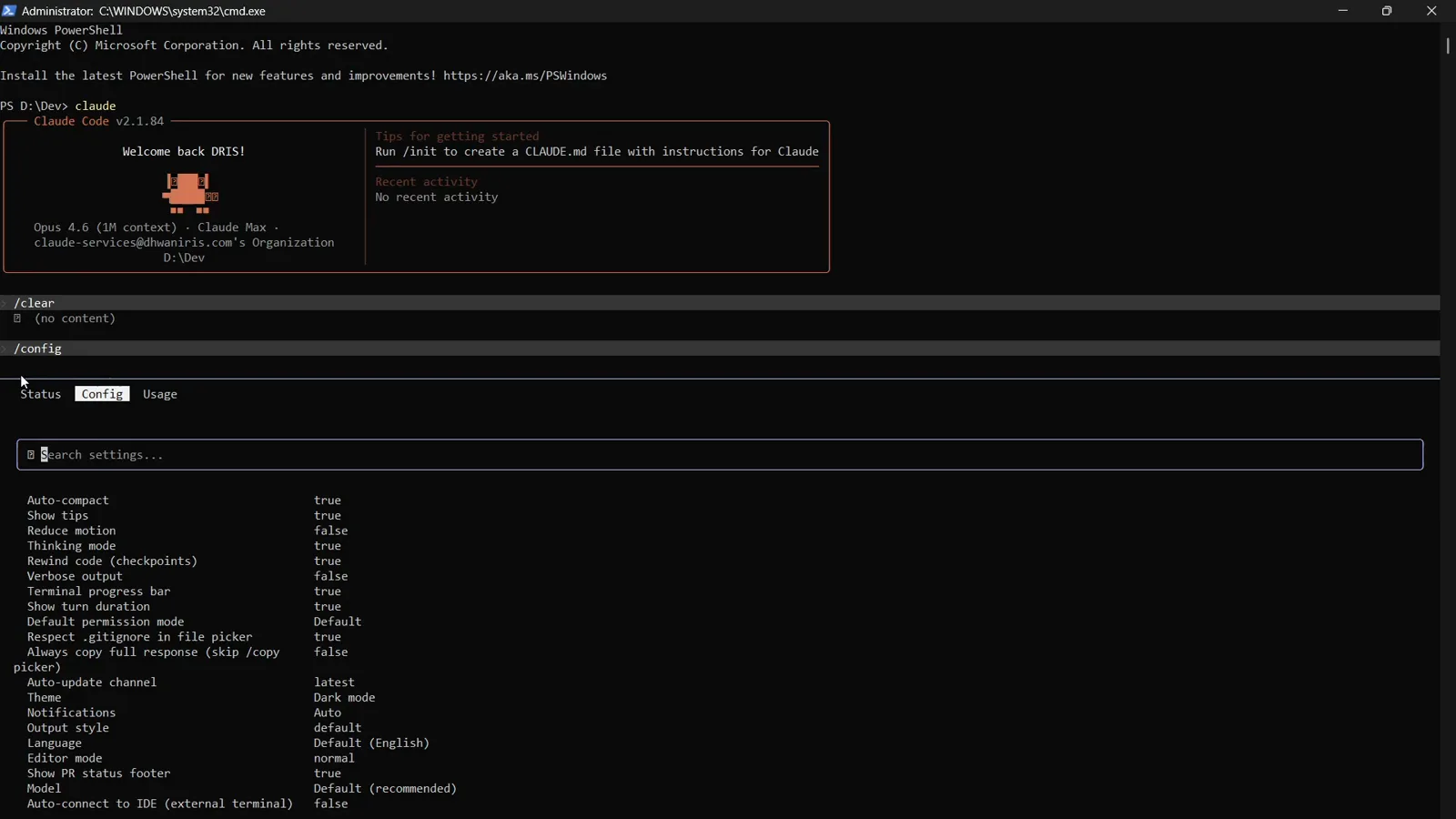 Claude Code /config settings panel listing Auto-compact, Todo list, Editor mode and Theme options in the terminal