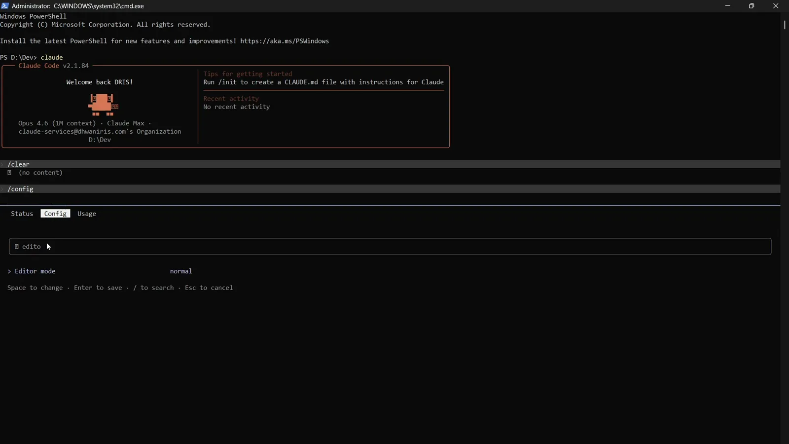 Claude Code config search filtered to the Editor mode setting showing its default normal value