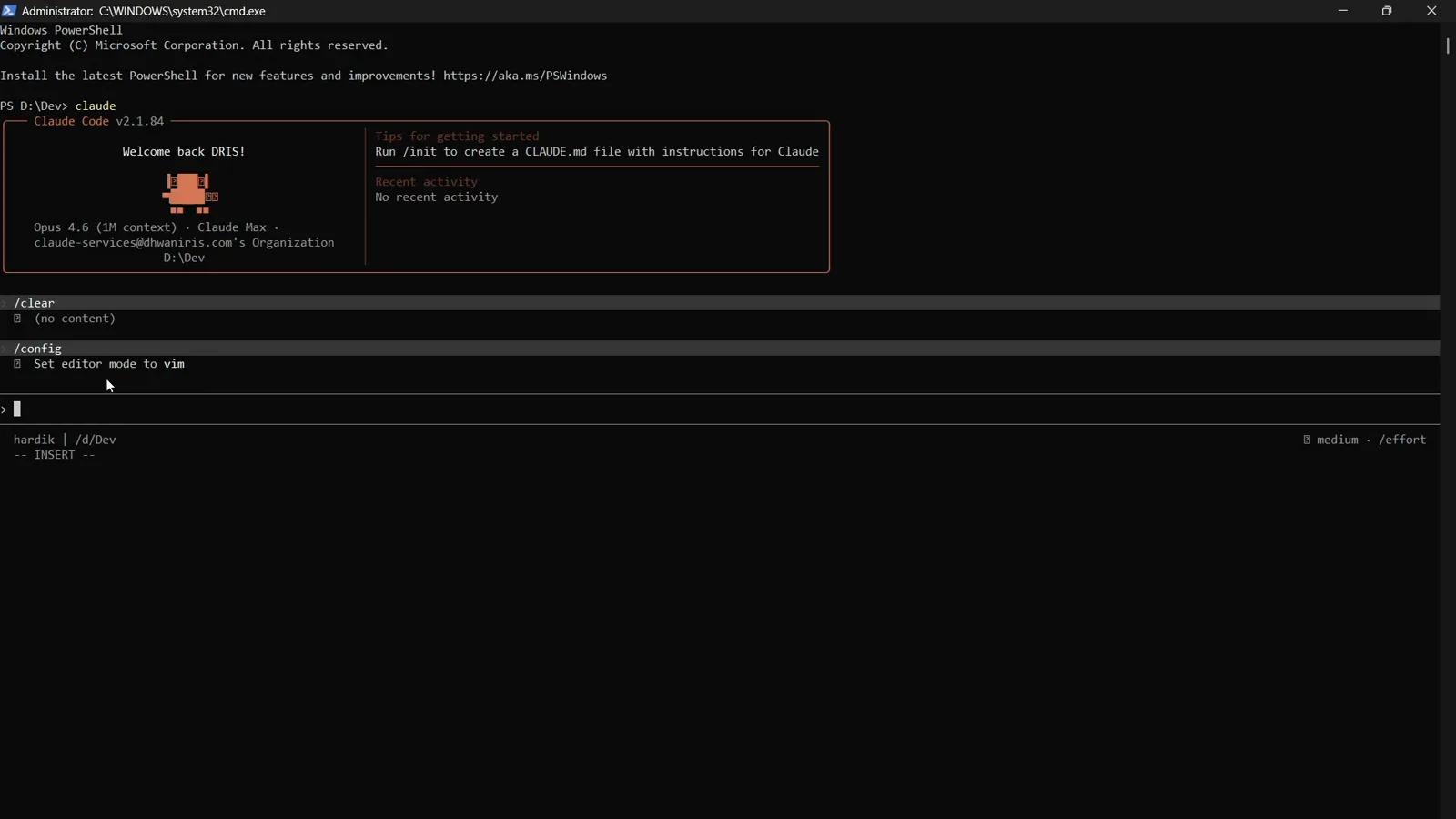 Claude Code confirming Set editor mode to vim with the vim INSERT mode indicator in the footer
