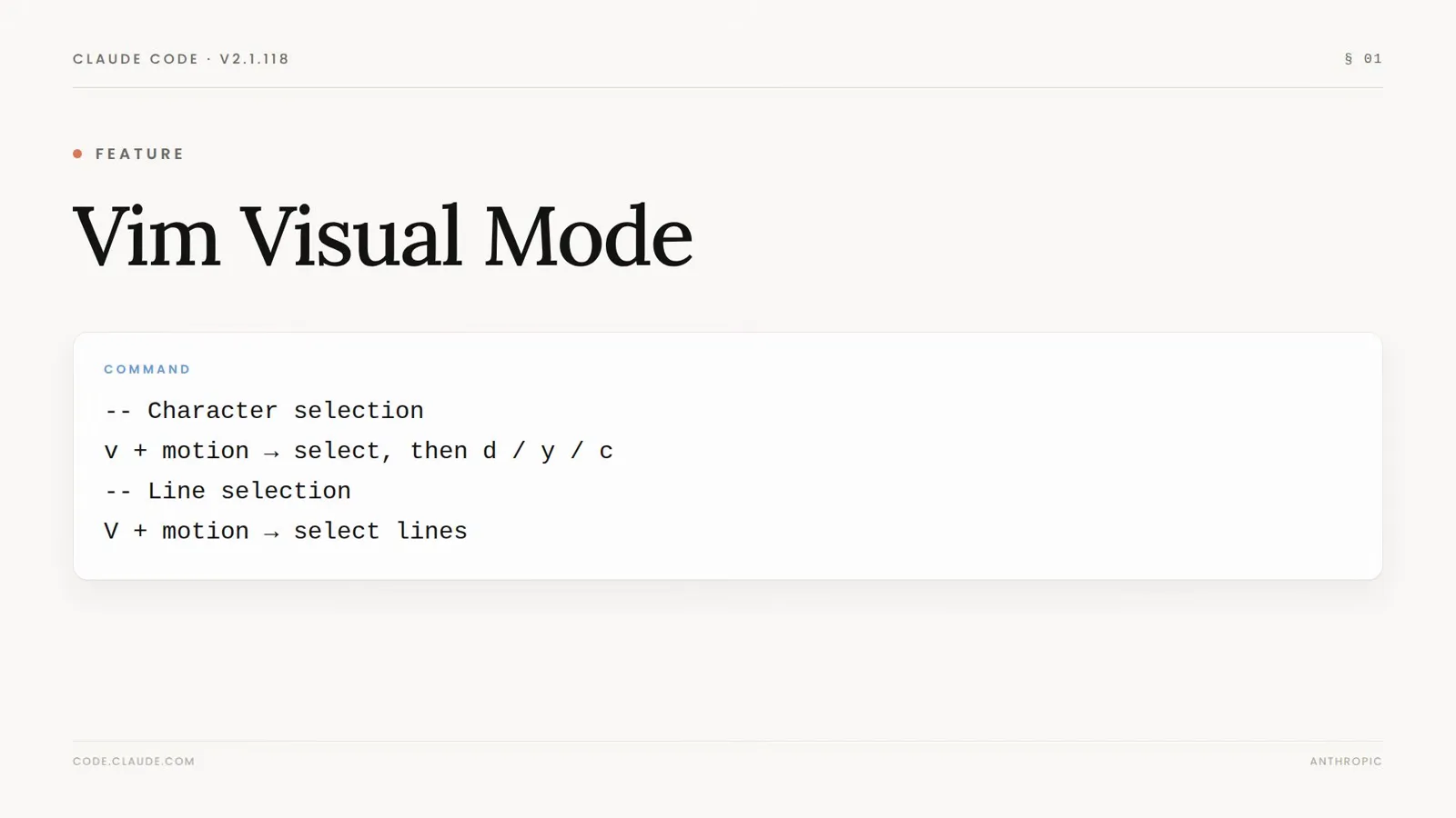 Claude Code v2.1.118 release note card listing the vim visual mode commands v plus motion and V plus motion