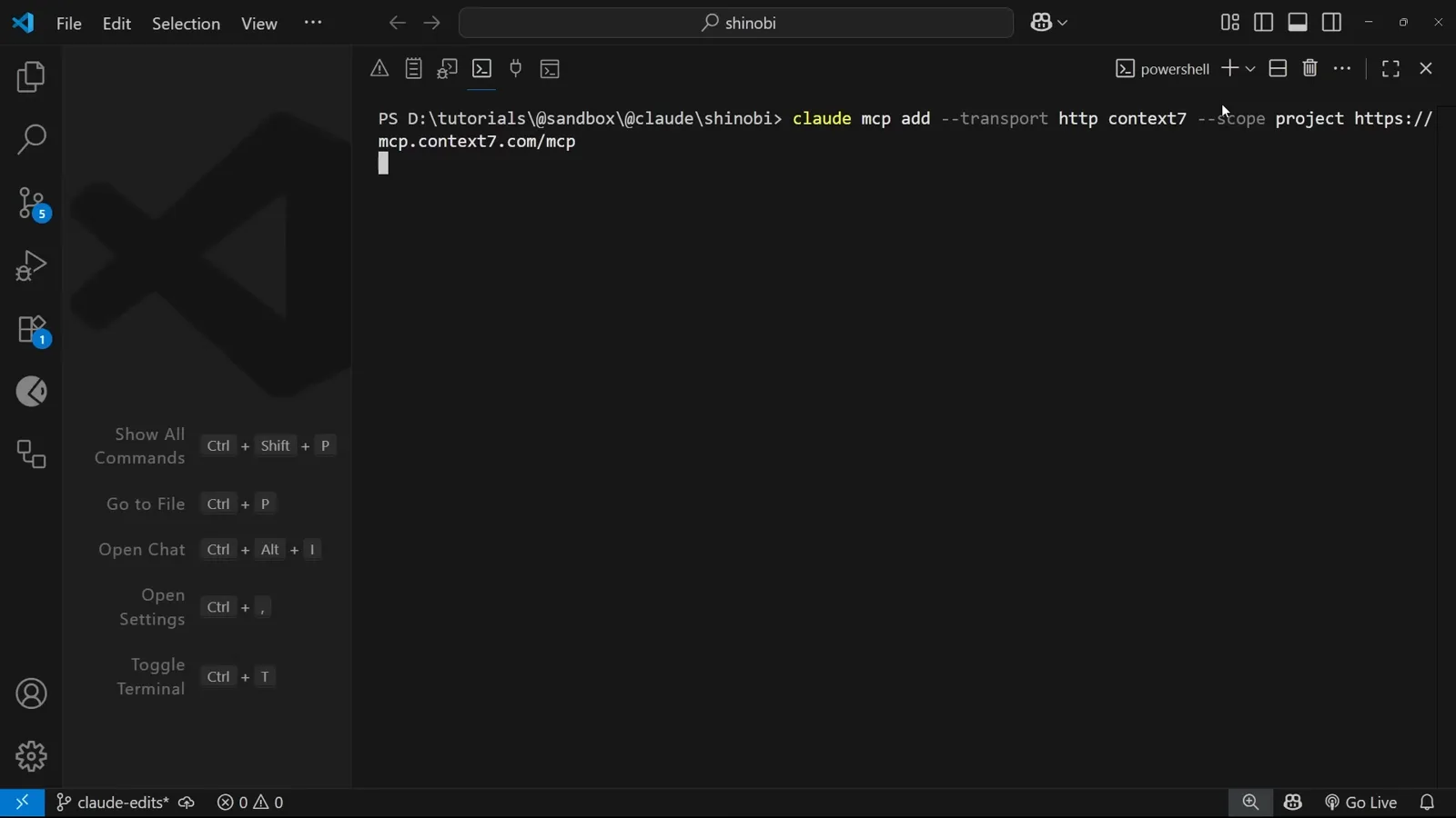 PowerShell terminal typing claude mcp add --transport http context7 --scope project https://mcp.context7.com/mcp to connect the remote Context7 endpoint