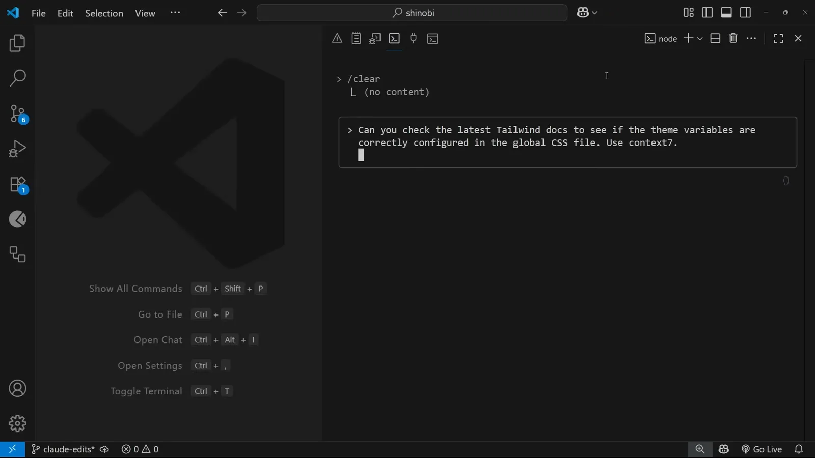 Claude Code prompt asking to check the latest Tailwind docs for theme variables in the global CSS file, explicitly telling the agent to use context7 with globals.css attached