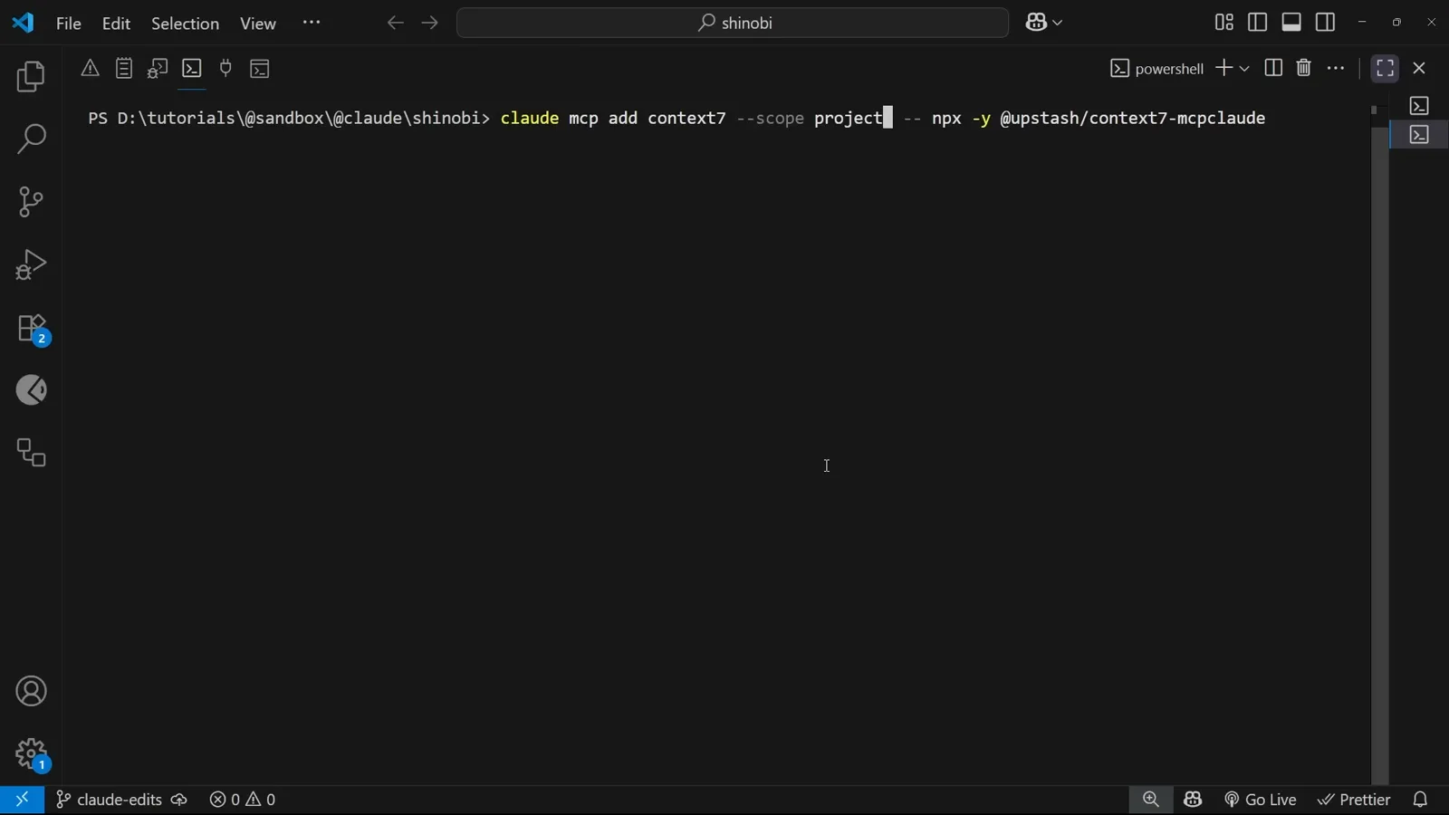 Windows PowerShell terminal running claude mcp add context7 --scope project -- npx -y @upstash/context7-mcp to register the Context7 docs server