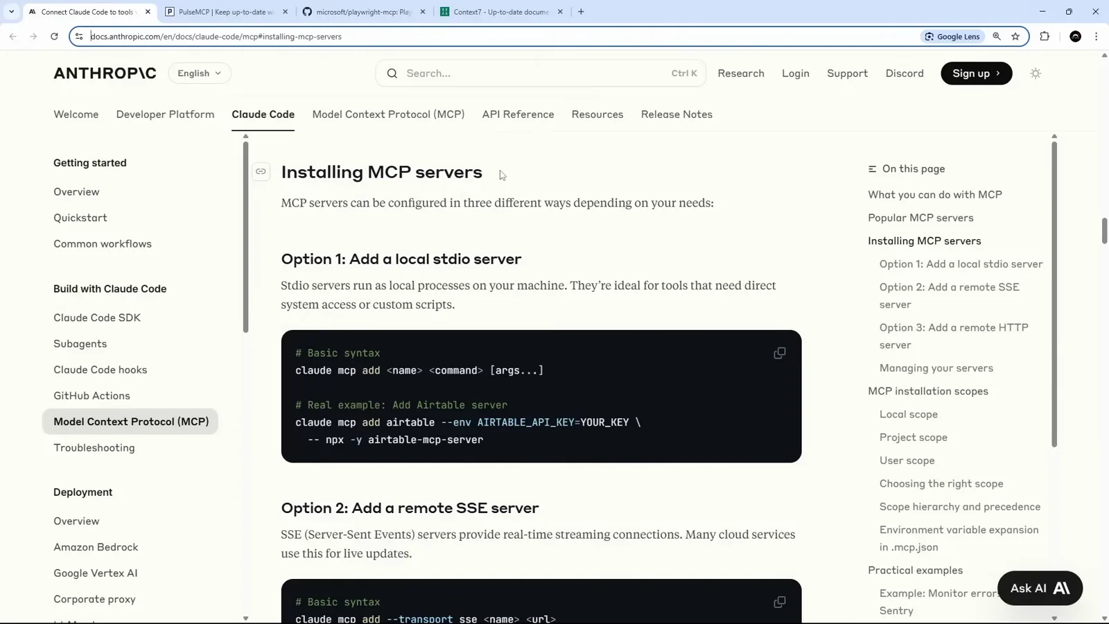 Official Claude Code documentation Installing MCP servers page comparing Option 1 local stdio servers with Option 2 and Option 3 remote SSE and HTTP servers