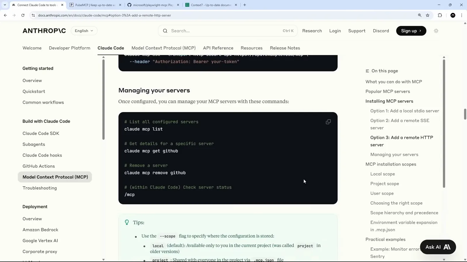 Claude Code documentation warning box telling Windows users to prefix MCP stdio commands with cmd /c so npx-based servers close the shell cleanly