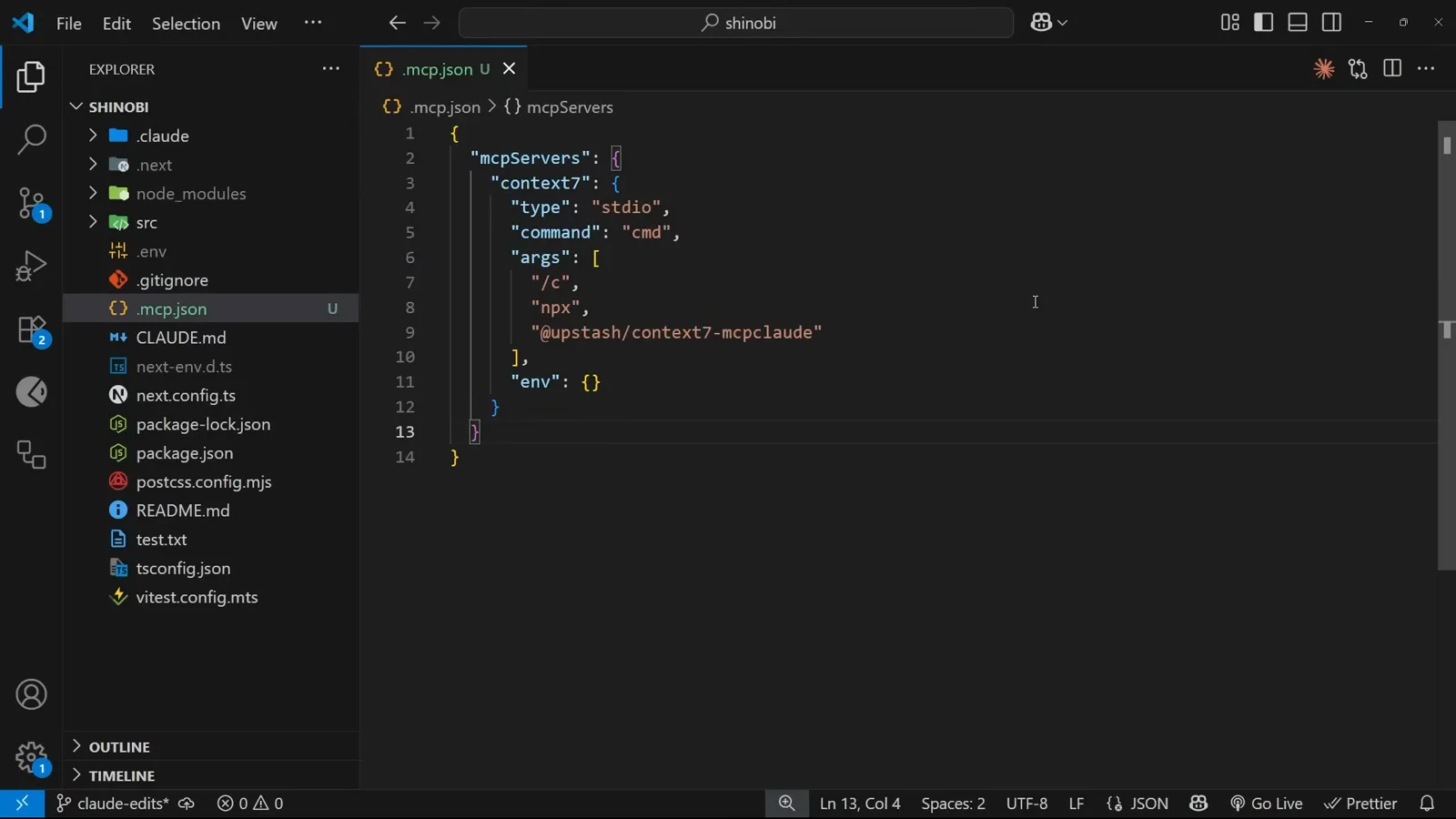 VS Code editor showing the mcpServers block inside a project .mcp.json file with type stdio, the cmd command and the Context7 npm package arguments